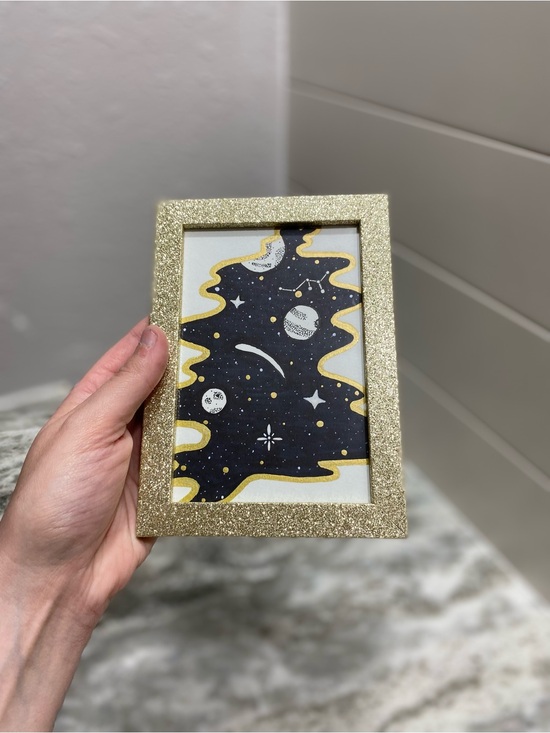 Hand Crafted Other - Hand Crafted Black & White Space Illustration w/ Gold Glitter Frame
